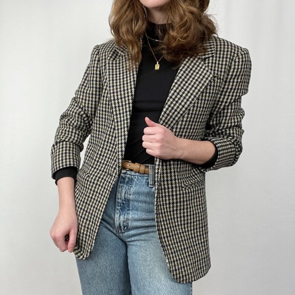Vintage Parisian Oversized Wool Blend Houndstooth Tweed Plaid Blazer Jacket Coat - Picture 5 of 11